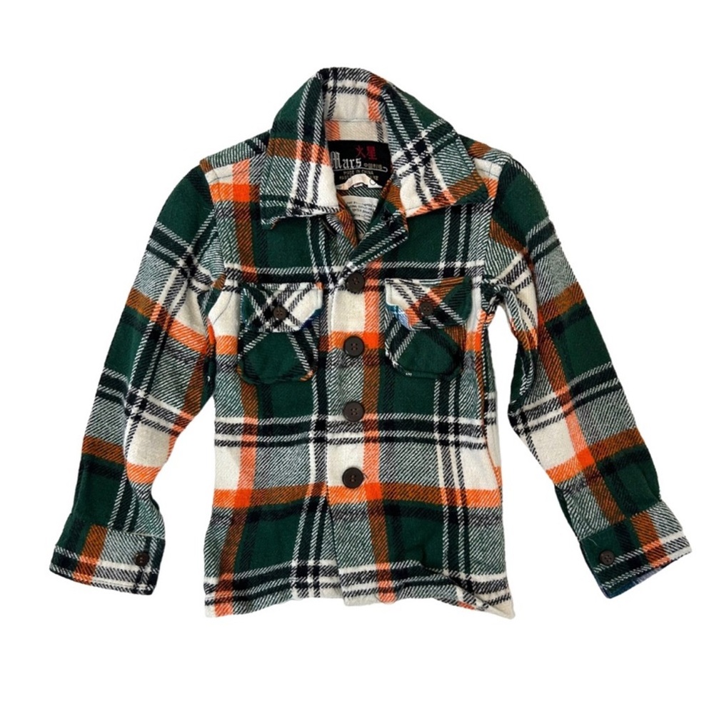 Vintage 80s Lumberjacket Plaid Flannel Shacket Shirt Green Orange Boys 8